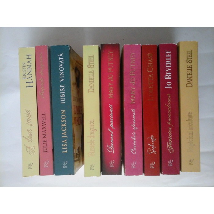 9 romane din colectia CARTI ROMANTICE : JO BEVERLEY (1 roman); DANIELLE STEEL (2 romane); MARY JO PUTNEY (2 romane); JULIE MAXWELL (1 roman); LISA JACKSON (1 roman); LORETTA CHASE (1roman); KRISTIN HANNAH (1 roman) 9 romane din colectia CARTI ROMANTICE : JO BEVERLEY (1 roman); DANIELLE STEEL (2 romane); MARY JO PUTNEY (2 romane); JULIE MAXWELL (1 roman); LISA JACKSON (1 roman); LORETTA CHASE (1roman); KRISTIN HANNAH (1 roman)